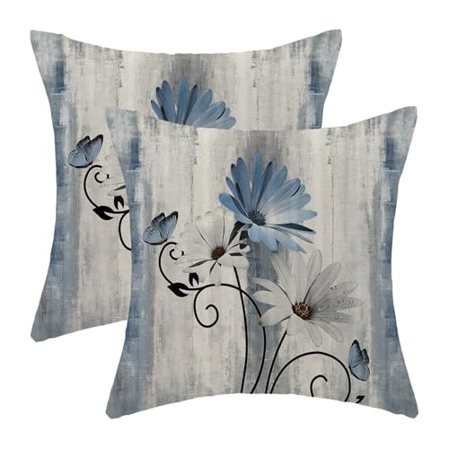 OFIRD Spring Pillow Covers 18x18 Pack of 2 Blue Daisy Floral Throw Pillow Covers Outdoor Decoration Vintage Summer Flower Decor Pillowcase Farmhouse Decorative Linen Cushion Case for Couch Sofa