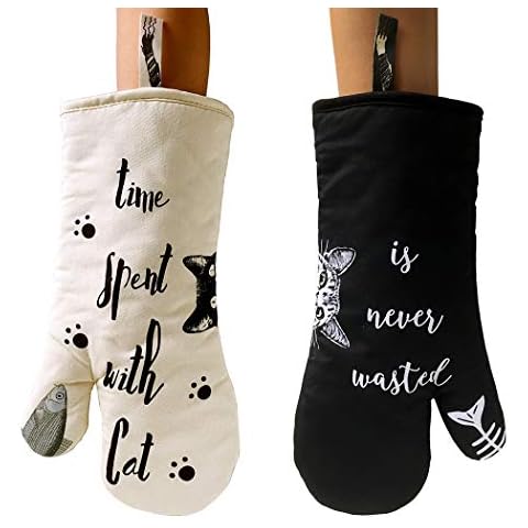 AIYUE 1 Pair Kitchen Cat Oven Gloves Cute Mitts Heat Resistant Up to 482℉, 100% Thickening Cotton Cooking Baking Grilling BBQ Gloves/Mitts, Machine Washable Cover