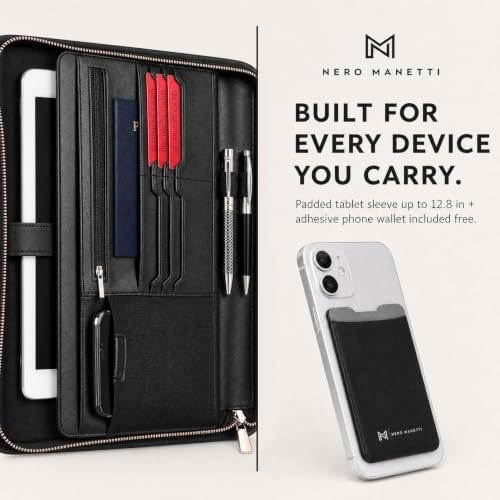 Image of NERO MANETTI- Zippered Vegan Leather Padfolio /Portfolio Pad Holder-Business PU Leather Notepad Folder for Resumes, Interviews, iPad /Tablet, Phone, Legal Pad Notebook Executive Binder for Women, Men