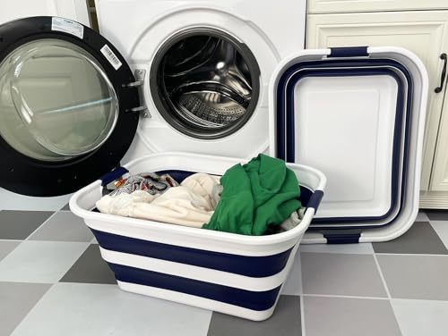 Image of SAMMART Collapsible Plastic Laundry Basket with Handle /Foldable Pop Up Storage Hamper /Portable Laundry Organizer-Space Saving Washing Tub /Household Storage (White /Starry Blue, 42L (Set of 2))
