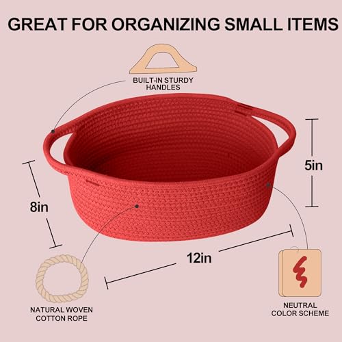 Image of Small Woven Gift Basket, Baskets for Gifts Empty, Cotton Rope Cat Dog Toy Box, Nursery Baby Bin, Wicker Basket with Handles, Shelf Storage and Home Decor, Red, 12 inchx 8 inchx 5 inch