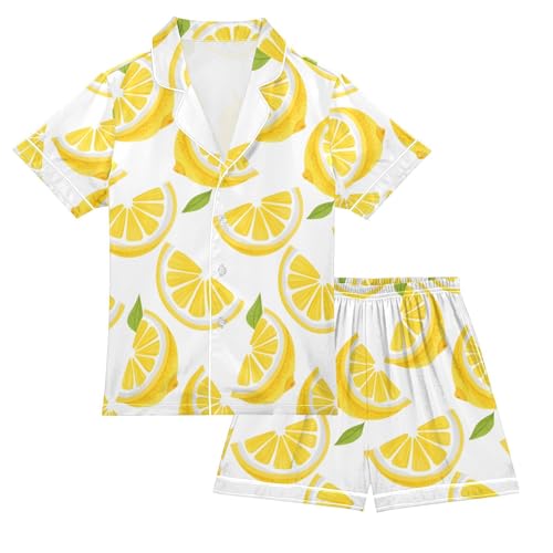 ALAZA Yellow Lemon Leaf Fruit Pajamas Satin Pajama Set Short Sleeve Button Down Sleepwear