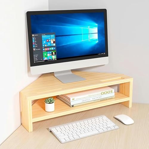 Generisch Organizador de escritorio de esquina para monitor K-Riser para el hogar, estantería de esquina para ordenador con 2 niveles, soporte triangular para monitor con grano de madera, organización