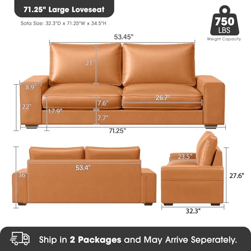 Image of Valthie Faux Leather Couch, Mid Century Modern Comfy Loveseat Sofa with Wide Arm, Side Pockets, Solid Wooden Frame for Office, Living Room and Bedroom, 2 Seater (Brown, 71.25 Inches)