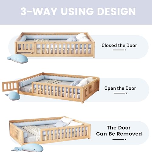 image for ROCKINGRUN Queen Size Montessori Floor Bed Frame with Safety Fence & C