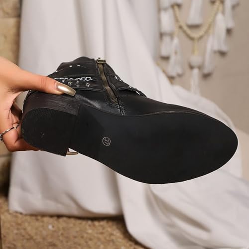 Womens Motorcycle Boots Chunky Heel Faux Leather Side Zipper Cowgirl Boots Fashion Pointed Toe Studded Gothic Ankle Booties2