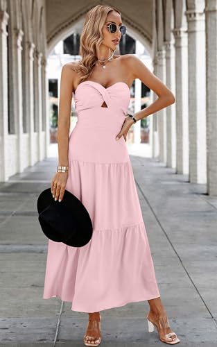 Image of ECOWISH Women's Summer Strapless Maxi Dress 2026 Off Shoulder Hollow Out Smocked A Line Tube Tiered Long Dresses