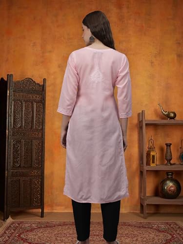 Image of Seva Chikan Hand Embroidered Lucknowi Chikankari Appricoat Peach Terivoil Cotton Kurta for Women SCL4603