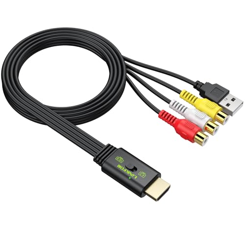 LiNKFOR Cinch auf HDMI Konverter, 1080P AV zu HDMI Adapter mit 4:3/16:9 Schalter, Eingebautes 60cm Weiblich Cinch Kabel, AV Video Audio Adapter für PS2, Wii, N64, VHS, DVD, unterstützt PAL/NTSC