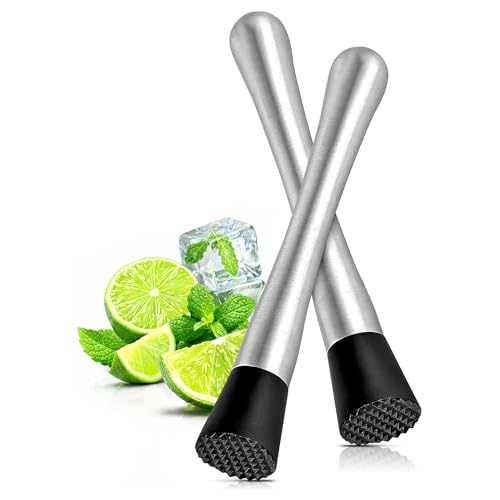 2 Pcs Bar Muddler for Cocktails with Glass-Safe Grooved Nylon Head - 8' Stainless Steel Muddler for...