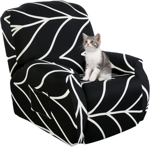 Image of House of Quirk Polyester Recliner Slipcover - 4 Pieces Stretch Printed Chair Covers With Side Pocket, Anti-Slip Fitted Sofa Cover, Furniture Protector - Black Onyx