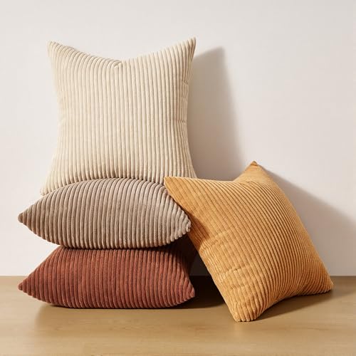 Image of Topfinel 20x20 Inch Pillow Covers Set of 4 Rustic Modern Soft Corduroy Striped Decorative Cushion Cover Yellow Brown Gradient Farmhouse Pillow Case for Sofa Couch Living Room Bedroom