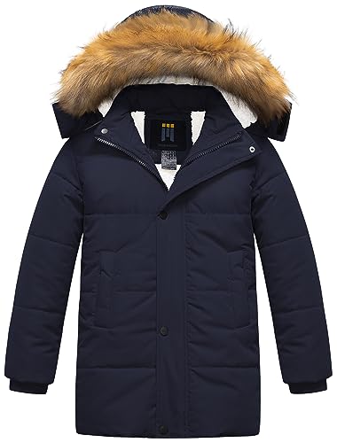 CREATMO US Boy's Sherpa Long Parka Winter Coat Thicken Water Repellent Puffer Jacket With Removable Faux Fur Hood