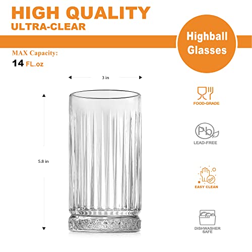 Luxu Highball Glasses 14 Fl.oz,Set Of 6, Lead-Free Drinking Glasses With Heavy Base,Premium Collins Tumblers For Water/Juice/ Cocktails/Beverages,Beautiful Striped Look Glassware,Dishwasher Safe #TOP1