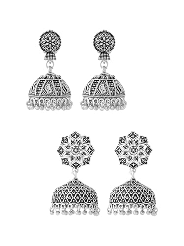 Image of Yellow Chimes Earrings for Women and Girls Traditional Silver Oxidised Jhumka German Silver Earring Set Dome Shaped Dangler Jhumki Earrings Combo | Birthday Gift For Girls and Women