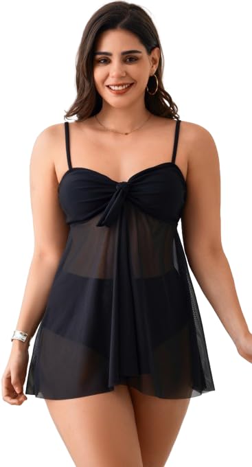Buy Plus Size Knot Front Mesh Overlay Swimsuit Black - XL at Amazon.in
