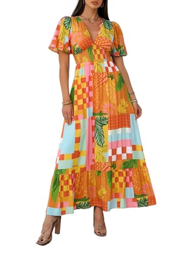 Image of Boho Floral Maxi Dress for Women 2026 Empire Waist Short Sleeve Dresses Summer Beach Vacation Wedding Guest Outfit