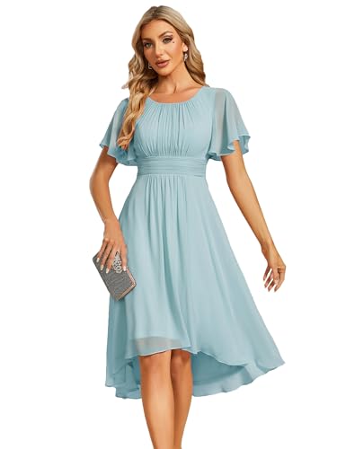 Ever-Pretty Robe d'Invité de Mariage Femme Longueur Manches Volantées Plissé Mousseline Au Genou Col Rond Robe de Soirée Élégante Bleu Ciel 44