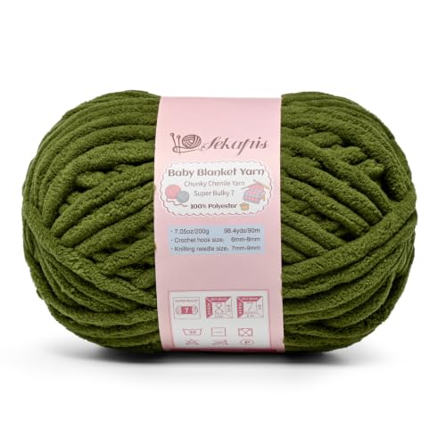 Image of Army Green 7.05 oz /98.4 yds Chunky Chenille Yarn for Crocheting, #7 Super Bulky Baby Blanket Yarn for Crocheting Soft, Fluffy Velvet Yarn for Knitting, Amigurumi Crochet Yarn for Crafts