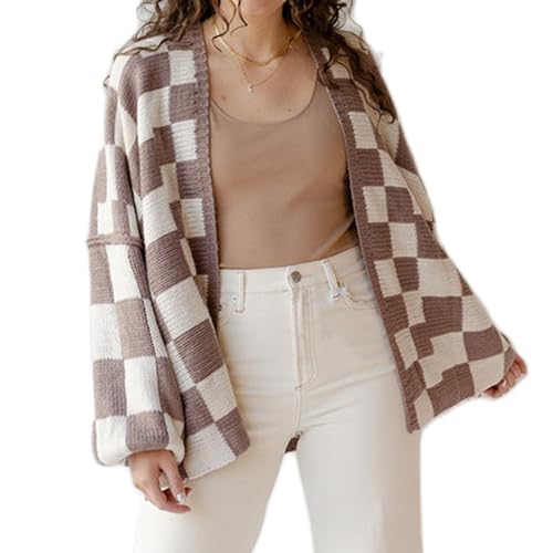 Womens Checkered Cardigan Sweater Loose Long Sleeve Open Front Sweater Knit Coat Casual Oversized Plaid Cardigan Tops