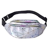 Pinsheng Riñonera Holográfica Riñonera Láser Geométrica Riñonera de Moda Impermeable con 3 Bolsillos con Cremallera Correa Ajustable para Senderismo Correr Actividades Al Aire Libre (Plata)