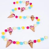 Whaline Summer Ice Cream Felt Banners Colorful Felt Ball Ice-Cream Cone Pre-Strung Banners Decorative Pom Pom Garland Hanging Ornaments for Home Party Office Classroom Decor Supplies