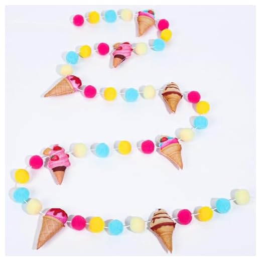 Whaline Summer Ice Cream Felt Banners Colorful Felt Ball Ice-Cream Cone Pre-Strung Banners Decorative Pom Pom Garland Hanging Ornaments for Home Party Office Classroom Decor Supplies