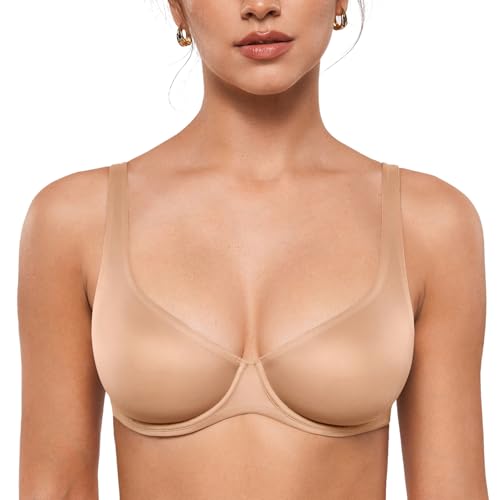 INLYRIC Women's Mesh Balconette Bra Sexy Demi Supportive Comfortable Seamless Underwire Unlined Sheer Bras Warm Beige - Sheer 34D