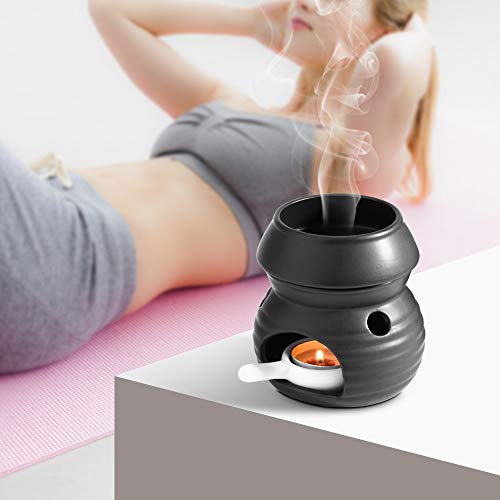 Comsaf Essential Oil Burner Wax Melt Burner With Candle Spoon, Aromatherapy Aroma Burner Ceramic Oil Diffuser Candle Tealight Oil Warmer Yoga Spa Home Decor Christmas Housewarming Gift Black 1Pack #TOP3