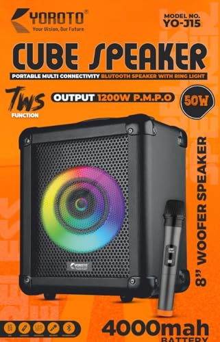 Image of Cube 50W Loud Wireless Bluetooth Speaker with FM | Powerful Multimedia Speaker with RGB Lighting | Wireless, Portable & Includes Mic and Remote (4H Playtime with 4000mAh Battery) (PartyBox Mini Pro)