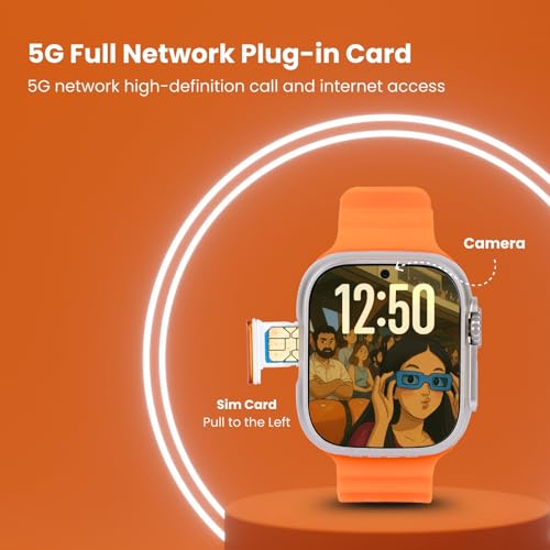 Image of SE HUB Premium SIM Enabled Smartwatch | AMOLED Touch Screen Video Call Capability Health Sensors SpO2 Heart Rate Large Memory Long Lasting Battery 49 mm Smart Wearable for Men Women Black Orange Strap