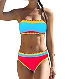 Sexybody Women's Bandeau Bikini Strapless Bikini Neon Color Block Two Piece Whip Stitch Trim Bathing Suits