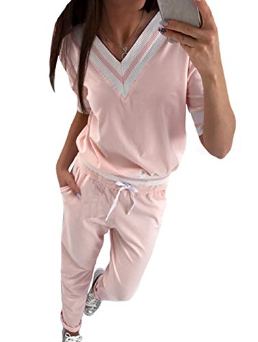 DoubleYI Damen Traingsanzug Jogginganzug Kurzarm Sweatshirt Sporthosen Leggings Freizeitanzug Casual Mode Jogginganzug 2pcs (XL, PK)