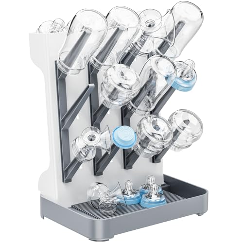Image of Dayacoco Baby Bottle Drying Rack, Space Saving Vertical Bottles Dryer Holder, Standing Bottle Drying Rack for Countertop Kitchen Organize Bottles, Brushes, Baby Accessories (Gray)