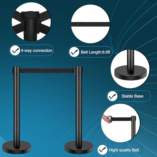 Burvagy Crowd Control Stanchion,6-Pack Crowd Control Barrier With 6.6Ft/2 M Black Retractable Belt,Black Crowd Control Barrier Metal Base,Easy Assembly thumb #3