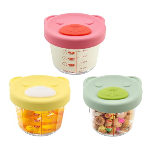 Foydream Tarros Potitos Bebe Vidrio, 3 Piezas Recipiente de Cristal para Comida de Bebé,120 ML Tarros de Conservación Herméticos Esenciales para Recién Nacidos