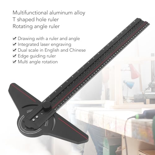 Woodworking T Ruler with Rotatable Angle Gauge Black Aluminum Alloy Multifunctional Carpenter Scriber for Carpenter Work, Layout and Measuring Tools - Image 4
