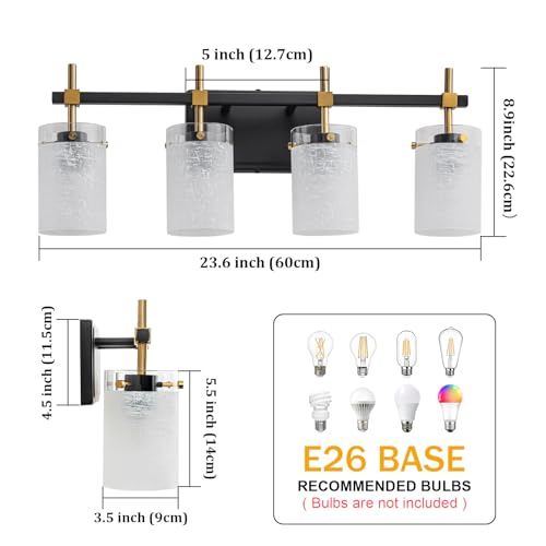 Image of 4-Light Modern Bathroom Vanity Light,Black and Gold Light Fixtures for Bathroom,Modern Wall Light Over Mirror with White Linen Frosted Glass E26 Socket (Bulbs Not Included)