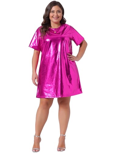 Image of Agnes Orinda Plus Size Dress for Women Metallic Round Neck Short Sleeve Party Clubwear Loose Mini T-Shirt Dress