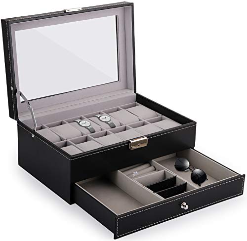 Nicunom Boîte à montres 12 emplacements en cuir PU avec tiroir de présentation pour bijoux pour le rangement et l'exposition, verrouillable pour montres et bijoux, noir Cover