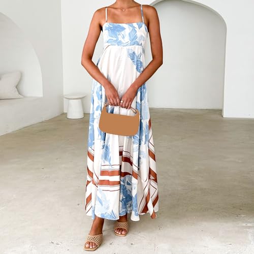 Image of NUFIWI Women Summer Striped Maxi Dress Spaghetti Strap Cutout Ruffle Long Dress Flowy Swing Beach Vocation Dress