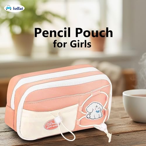 Image of FunBlast Pencil Pouch for Girls - Aesthetic Multi-Compartment Zipper Pouch with Drawstring Pocket, Cute Kawaii Pencil Case, Stylish Stationery Pouch, Return Gift for Kids & School Use (Pink)