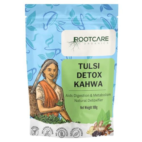 Image of Rootcare Organics green tea for weight loss Tulsi Detox Kahwa 100g Pack Of 1 Month Herbal Tea Loose Leaves Helps Improve Digestion Rich in Antioxidants with Tulsi Ginger Clove Black pepper Cinnamon