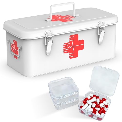 Orionstar Vintage Metal First Aid Box - Large Emergency Medicine Case with 3 Loose Pill Organizers & Top Handle - 360° Visible Medical Symbol Steel Storage for Home Car, White