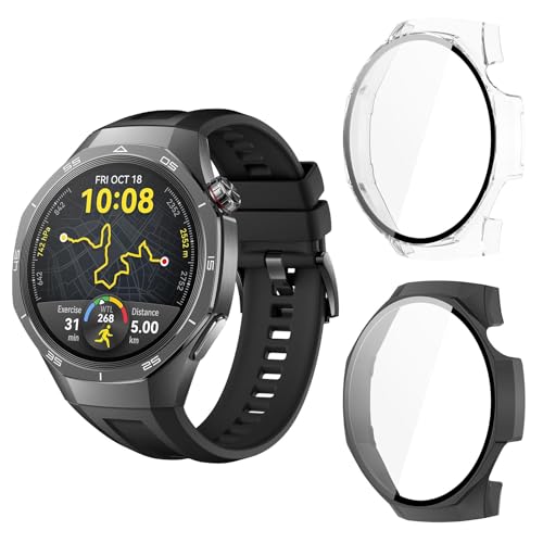 Aerku Custodia Compatibile per Huawei Watch GT 5 Pro 46MM, [Con Vetro Temperato] 9H HD Anti-Graffio Custodia Protettiva Telaio Rigida PC Cover Protezione - Trasparente&Nero