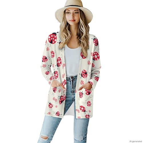 Image of Forchrinse Red Ladybug Cardigan for Women Causal Long Sleeve Open Front Cardigans Sweater Fashion 2024 Fall Coat with Pockets