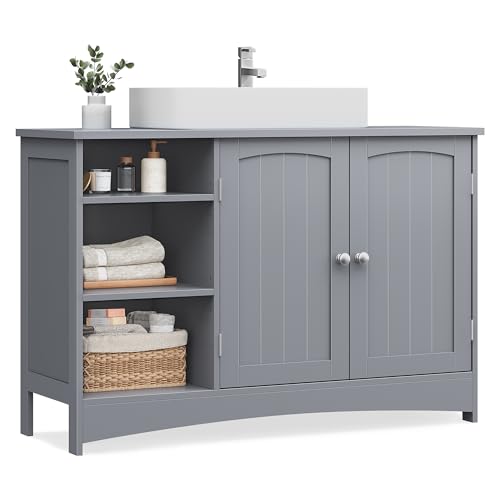VASAGLE Waschbeckenunterschrank, Unterschrank, Badezimmerschrank, extra lang, 30 x 90 x 60 cm, 2 Türen, Badschrank, offene Fächer, höhenverstellbare Ablagen, Taubengrau BBC410P36