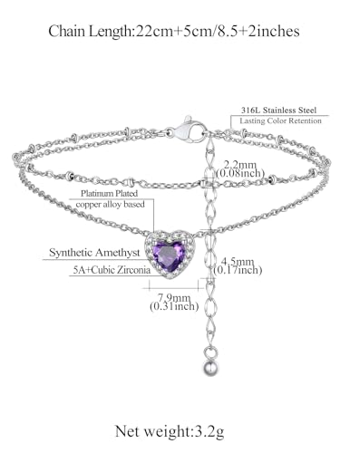 Dainty Heart Ankle Bracelets for Women February Birthstone Gemstone CZ Silver Anklets Waterproof Beaded Foot Chain Stackable