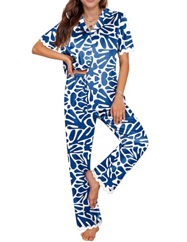 Image of Ekouaer Womens Silk Satin Pajamas Set Button Down 2 Piece Pjs Short Sleeve Long Pants Sleepwear Lounge Set, S-XXL
