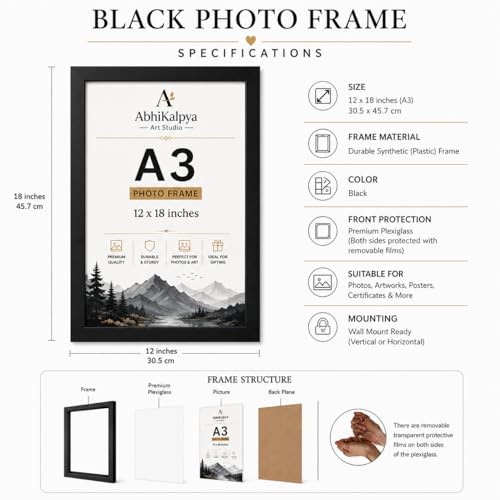 Image of AbhiKalpya Art Studio A3 Size Photo Frame 12 inchx18 inch Inch Frame For Wall Artwork /Painting (Black) (Set of one) Premium*